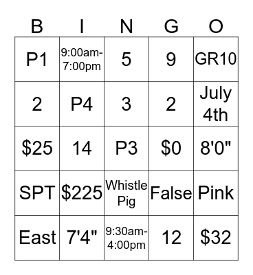 Summer Parking Bingo Card