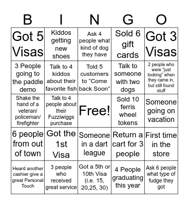 Cashier BINGO Card