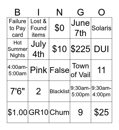 Summer Parking Bingo Card