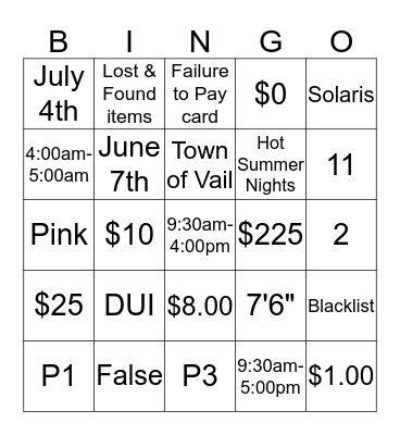 Summer Parking Bingo Card