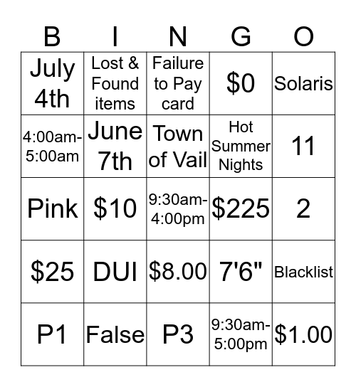Summer Parking Bingo Card