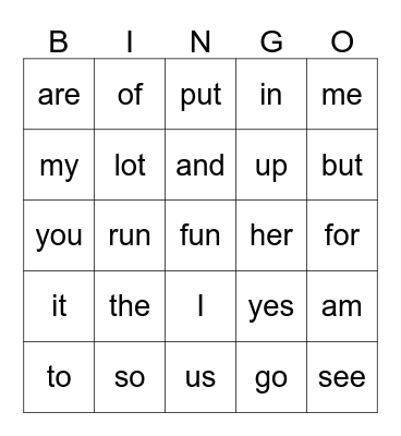Sight Word Bingo Card