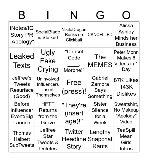 Beauty Influencer Scandal Bingo Card