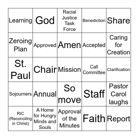 Pilgrim Congregational Meeting Bingo Card