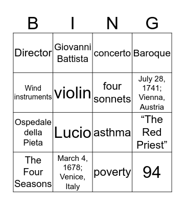 Antonio Vivaldi Bingo Card
