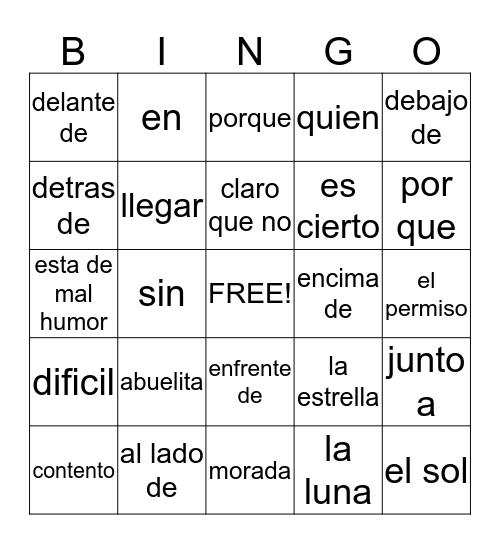 Spanish I Bingo Card