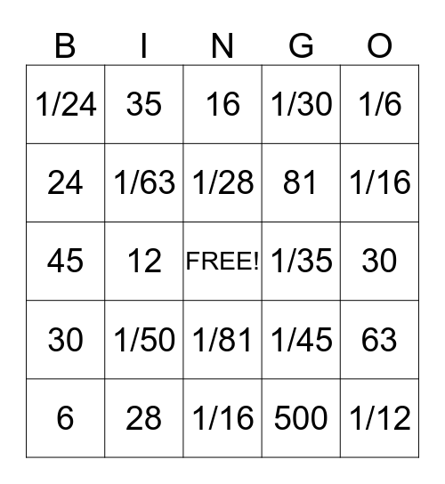 Fraction Division Bingo Card