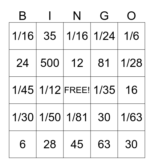 Fraction Division Bingo Card