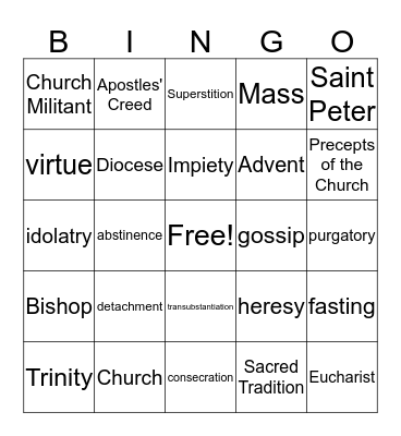 Sixth Grade Religion Bingo Card