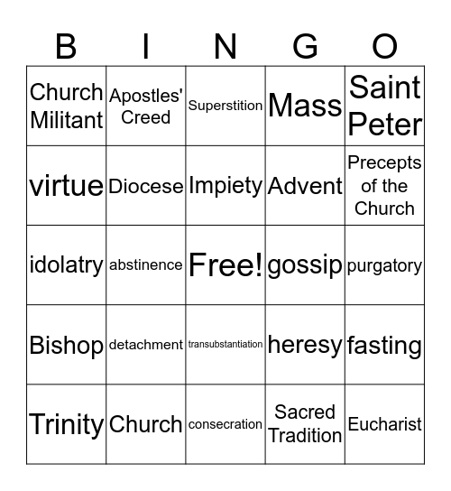 Sixth Grade Religion Bingo Card