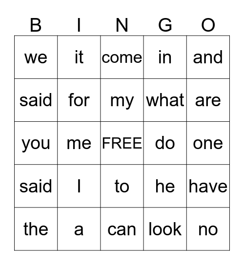 Kindergarten High Frequency Words Bingo Card