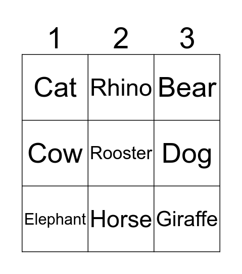 Animal Bingo Card
