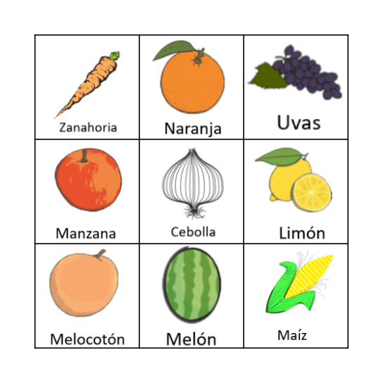 Frutas y verduras Bingo Card