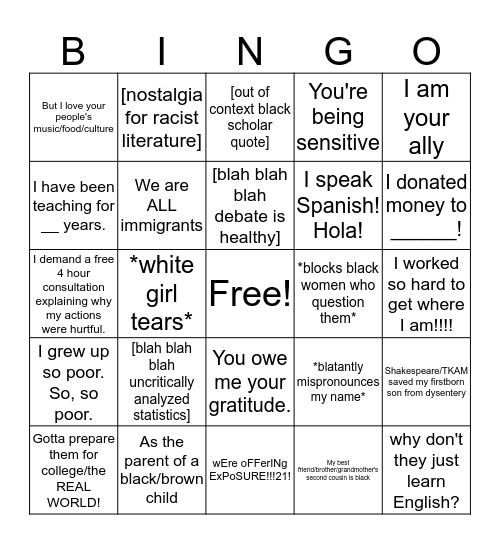 #edutwitter white fragility bingo! Bingo Card