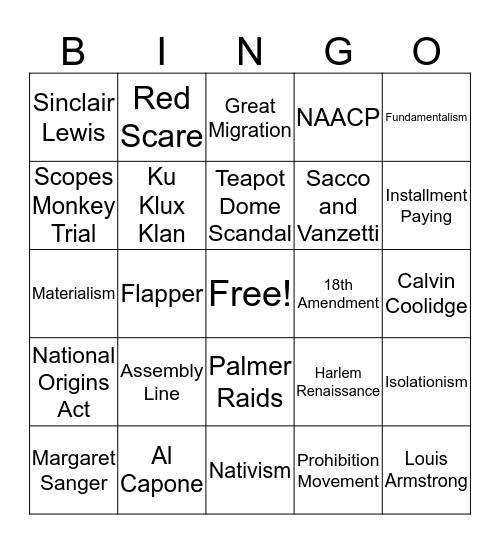 APUSH Roaring 1920s Bingo Card