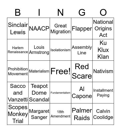 APUSH Roaring 1920s Bingo Card