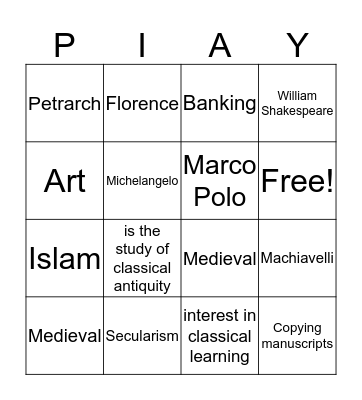 Renaissance Bingo! Bingo Card