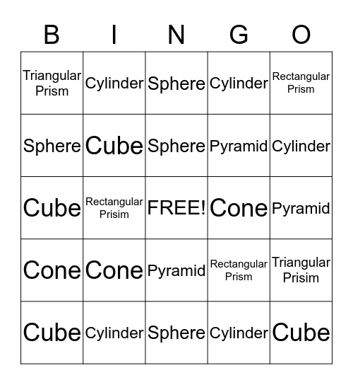 3D shapes Bingo Card