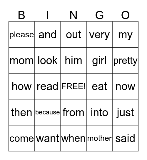 sight words Bingo Card