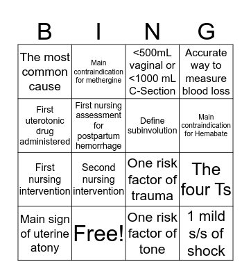 Postpartum Hemorrhage Bingo Card