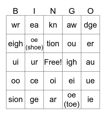 Phonics Chunk Bingo Card