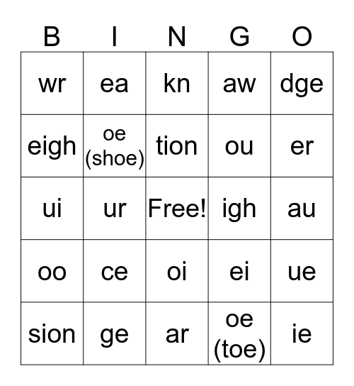 Phonics Chunk Bingo Card