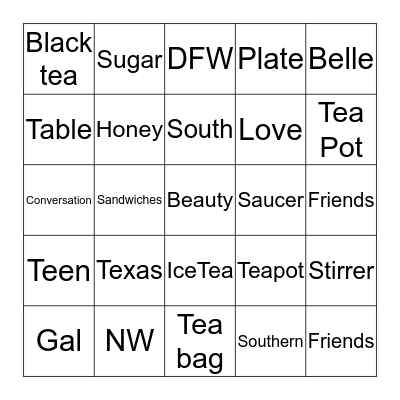 Southern Belle Teen Girl Tea Party Bingo Card