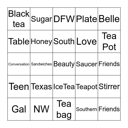 Southern Belle Teen Girl Tea Party Bingo Card