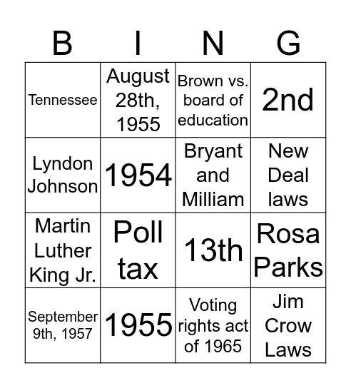 Civil Rights Movement Bingo Card