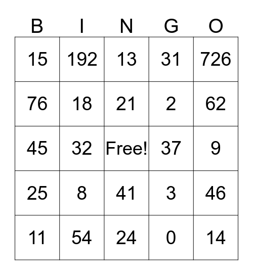 Algebra Bingo Card