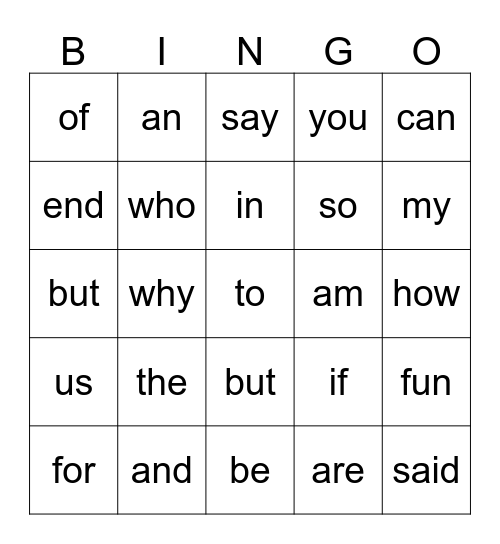 Sight word Bingo Card