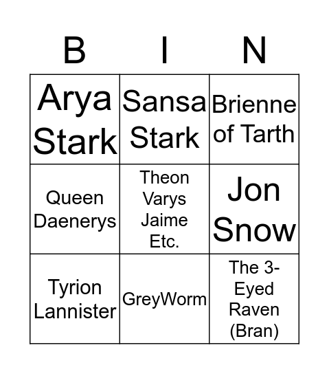 GOT Finale Bingo Card