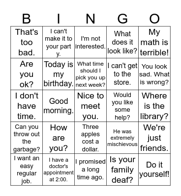 ASL Phrases  Bingo Card