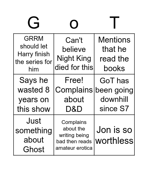 Harry GoT Bingo Card Bingo Card