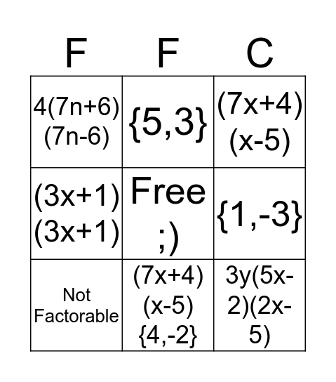 Factoring For Chumps Bingo Card