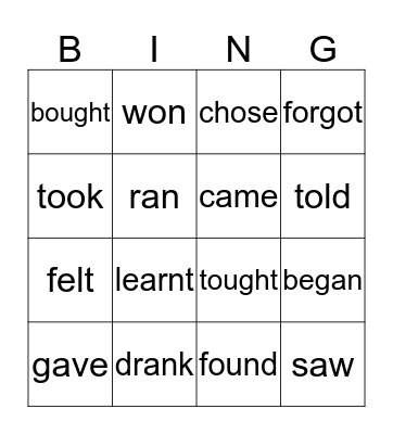 Irregular verbs Bingo Card