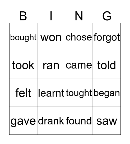 Irregular verbs Bingo Card