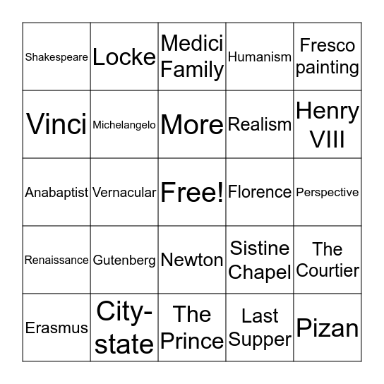 Renaissance Bingo Card
