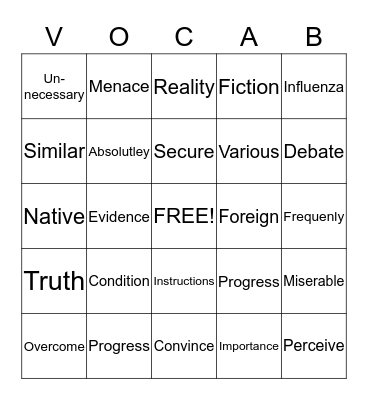 VOCABULARY BINGO Card