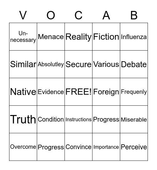 VOCABULARY BINGO Card