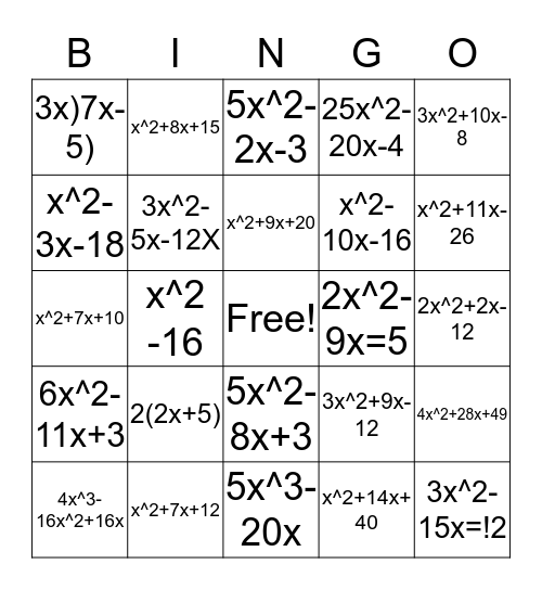 Factoring Algebra 1 Bingo Card