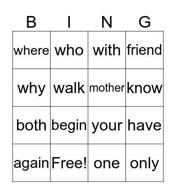 Sight words Bingo Card