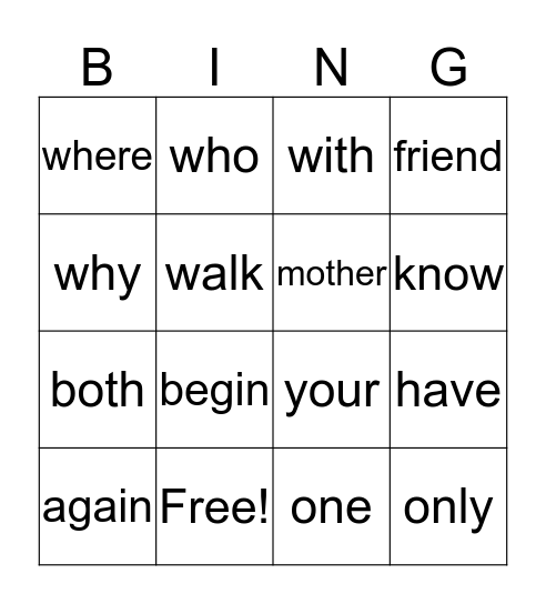 Sight words Bingo Card