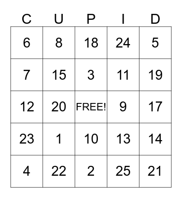 VALENTINE'S DAY CUPID BINGO Card