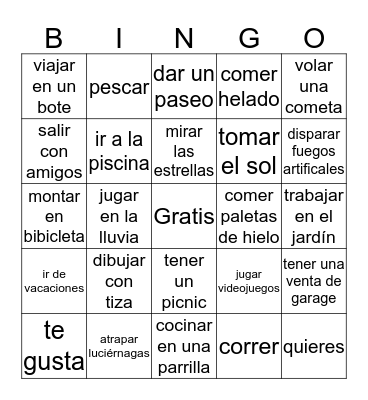 Verano - Spanish Bingo Card