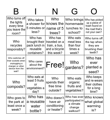 Environmental Sustainability Bingo Card