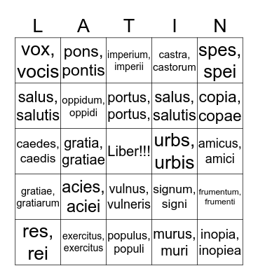 Latin Nouns Bingo Card