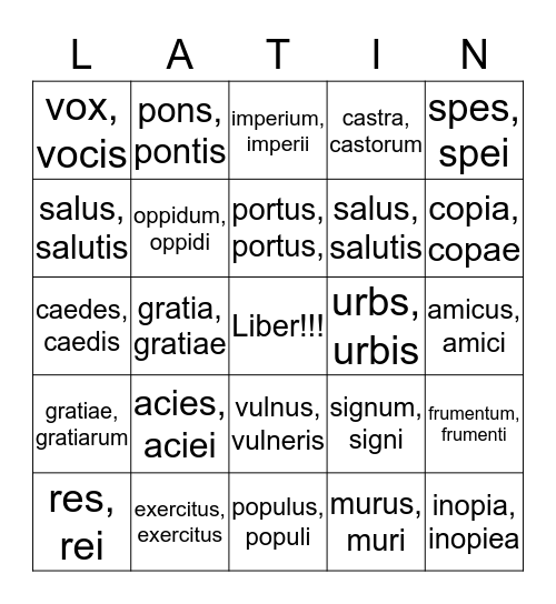 Latin Nouns Bingo Card