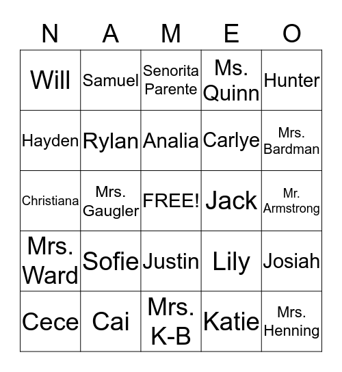 Mrs. Gaugler's Class Bingo Card