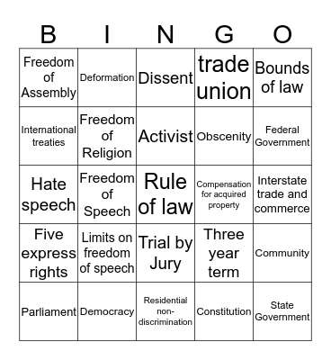 Civics Vocabulary Bingo Card